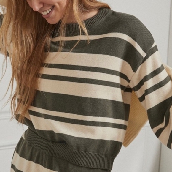Anthropologie Saturday Sunday Olive Green Striped Cropped Sweater Balloon Sleeve - Picture 1 of 10